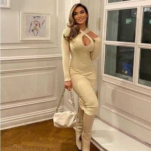 Knitted Dress Women Maxi Dresses Solid Sheath Long Sleeve Cut Out Robe Autumn 2021 New Fashion Evening Streetwear Baddie Clothes