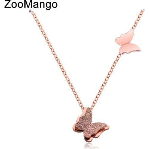 ZooMango Cute Matte Double Butterfly Charms Necklace Rose Gold Stainless Steel Link Chain Neckalce Jewelry For Women ZN17033