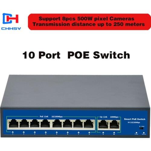 10Port POE Ethernet Switch 52V VLAN 10/100Mbps IEEE 802.3 Af/at Standard Network Switch for CCTV IP Camera Wireless AP 250M