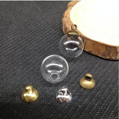 5set-4x14mm round ball shape clear glass bubble wishing bottle & end top connector for diy jewelry materials-- need glue