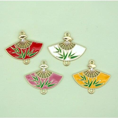 5Pcs/Set Enamel Folding Fan Charms Alloy Mixed Colors Chinese Painting Bamboo Pendant Bracelet Jewelry Making Finding Accessory