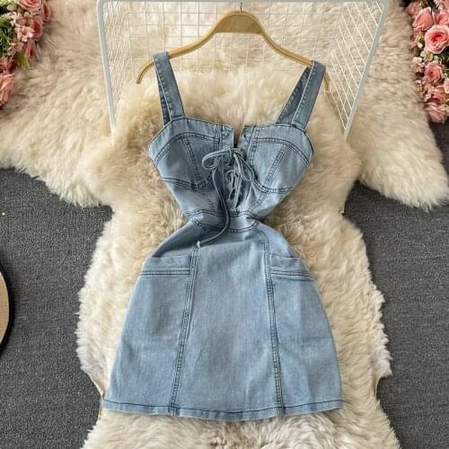 Amolapha Women Denim Sundresses Backless Sleeveless Bandage Sling Sexy Slim Chic Jean Mini Dresses Vestidos