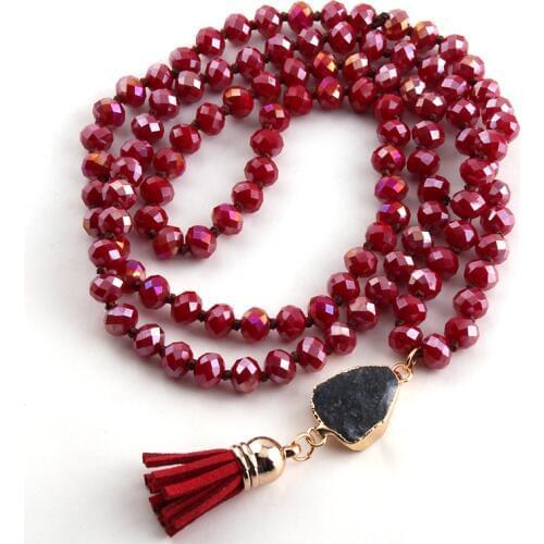 Free Shipping Fashio Artisan Halsband Red Glass Knotted Druzy and Tassel Pendant Necklaces
