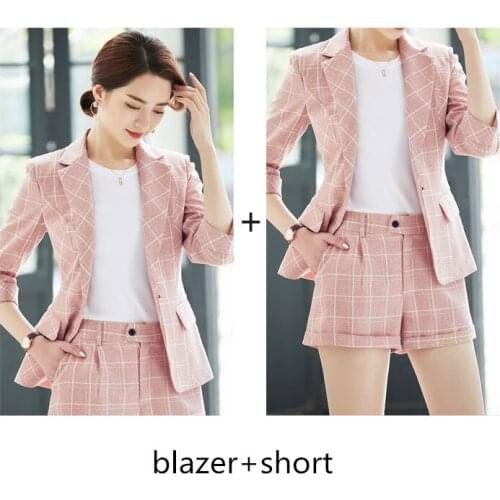 Blazers with Shorts Set for Office Lady Female Plaid Slim Suits Formal Work Suits for Women Autumn Women 2 Piece Set