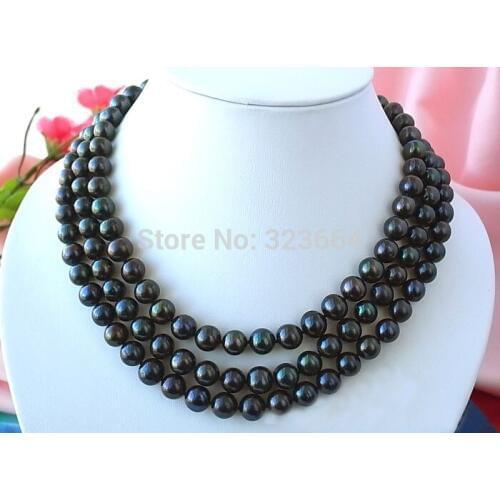 AAA 3ROW 10MM BLACK ROUND FW PEARL NECKLACE