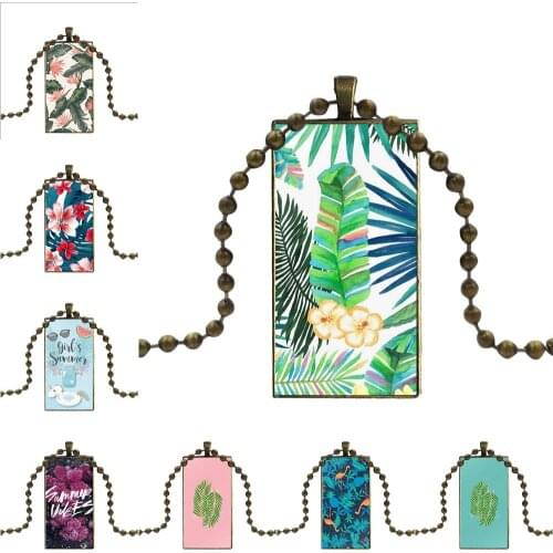 For Men Women Brand Bronze Color Jewelry Fashion Statement Necklace Glass Necklaces Pendants Green Tropical Vibes Summer Leaves