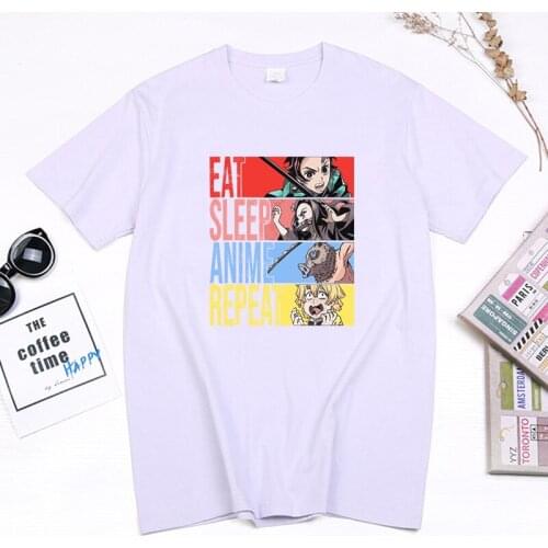 Japan Anime Demon Slayer T shirt Eat Sleep Repeat Printed Men Women Clothes Funny Tanjirou Nezuko Zenitsu Graphic Unisex Tee