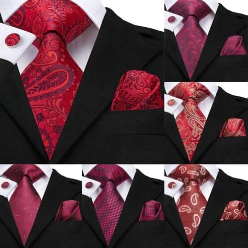 Hi-Tie Wedding Ties for Men Red Paisley Tie Set Silk cravate Floral Neck Tie Pocket Square Cufflinks for Groom Husband