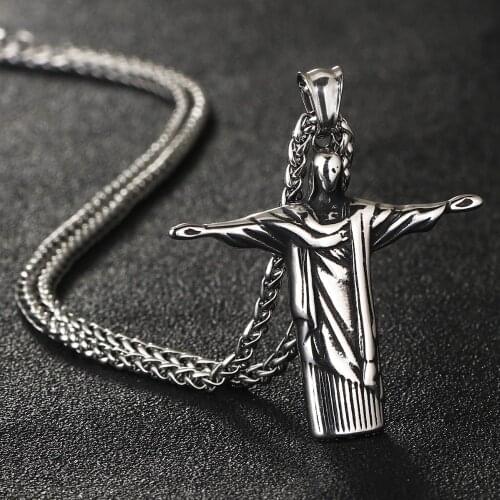 Christ Redeemer Portrait Cross Pendant Necklace Rio Brazil Jesus Statue Stainless Steel Chain Necklace Cristo Redentor Jewelry