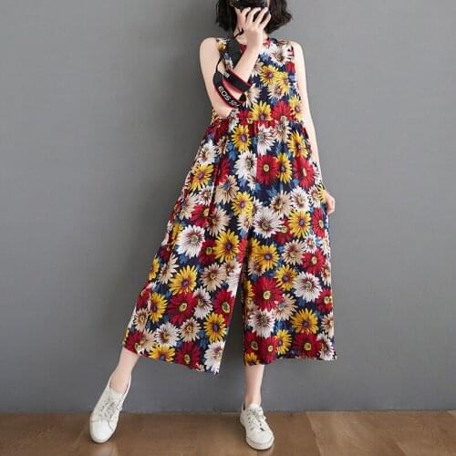 Plus Size Women Jumpsuits Overalls Vintage Floral Linen Wide Leg Pants Trousers Summer Streetwear Loose Casual Female Rompers