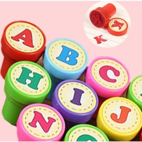 26 Pcs Alphabets Letters Round Stamp Seal Self Inking Scrapbooking Plate Ink Pads Stamper for Children Gifts Toys