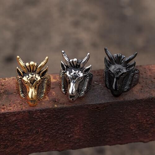 Valily Mens Punk Big Sheep Goat Horn Head Ring Satan Worship Baphomet Stainless steel Aries Wicca Star Rings Biker Animal Ring