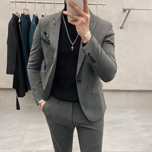 Mens Teriped Two-piece Suit Business Casual 2021 British Style Suit Single Button Slim Fit Groom Tuxedos Suits Costume Homme
