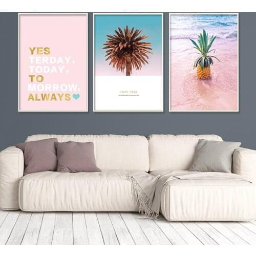 Pink Sea And Pineapple Coconut Palm Tree Seascape Wall Art Posters Canvas Painting Modern Landscape Pictures Living Room Decor