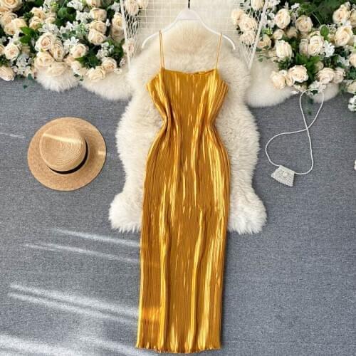 2020 New Women Vintage Golden Pleated Dress Fashion Spring Autumn Spaghetti Strap Sexy Party Dresses Ladies Elegant Money Robe