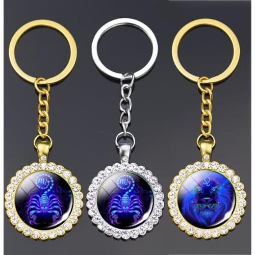 Charming 12 Constallation Crystal Keychain Keyrings Long Chains Pendant Keychains Zodiac Signs Jewelry Women Men Birthday Gifts