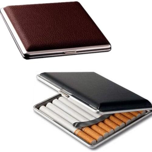 Gift for Mens Leather Cigarette Box 20 Sticks cigar Case Metal Leather Smoking Accessories Cigarette lady Storage Cover hold