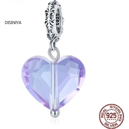 Silver Simple Purple Heart Zircon Crystal Fairy Tale Love 925 Sterling Silver Charm Pendant for Bracelet Jewelry SCC1816