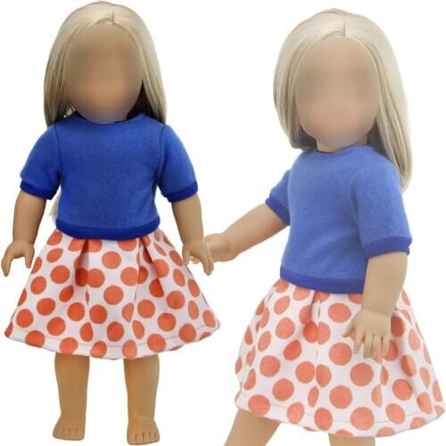 Lovely Blue T-Shirt Blouse Short Sleeve Top Orange Wave Point Skirt Daily Casual Wear Dress Clothes Accessories for 18 Inch Doll