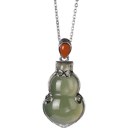 S925 sterling silver Hetian gray jade southern red agate pendant vintage Chinese style gourd Fu Lu Lady pendant