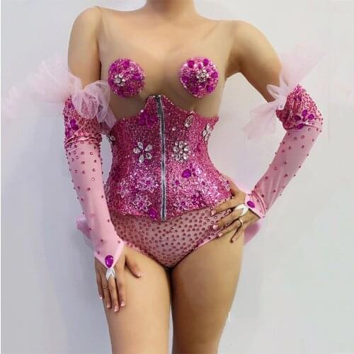Sexy Bodysuit Nightclub Bar Women Gogo Dance Costumes Catwalk Elastic One-Piece Stage Costume Female Pink Diamond Outfit DQS5445