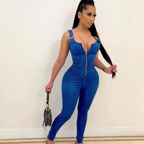 Sexy Front Zipper V-neck One Piece Jumpsuit Women Sleeveless Skinny Casual Bodycon Romper Club Outfit Overalls Combinaison Femme