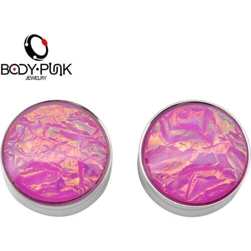 BODY PUNK Jewelry Pink Foil Plug Ear and Plugs Tunnels Trendy 1 Pair Stainless Steel Expander Body Piercing Jewelry PLG 133