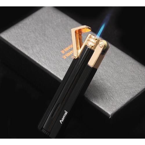 Ultra Thin Jet Torch Lighter Butane Gas Turbo Lighter Windproof Metal Cigar Pipe Lighter Long Stripe Transparent Fuel Tank Gift