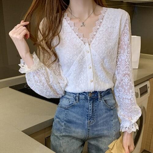 VERHELLEN Autumn Fashion Women Lace Blouse 2020 New All-match V-neck Hook Flower Embroidery Hollow Long-sleeved Blouse Female