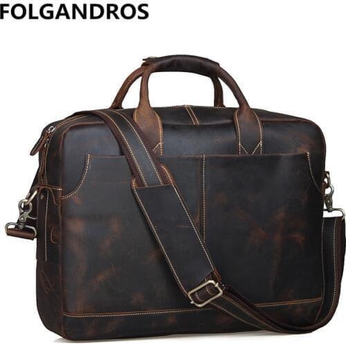 FOLGANDROS Vintage Genuine Leather Bag Men Top Quality Business Briefcase Large Capacity Weekend Cowhide Computer Messenger Bags