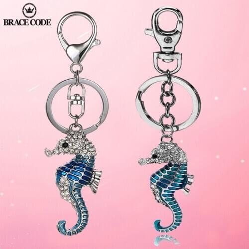 Car Pendant Key Chain Key Ring Lady Bag Brace CODE Seahorse Crystal Drip Oil Metal Silver Plated Fashion Retro Pop Charm OPP Bag