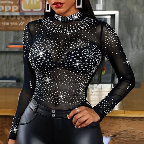 2021 European American Style Summer New Solid Color Sexy Perspective Chiffon Hot Drilling T-Shirt Fashion Round Neck Long Sleeve