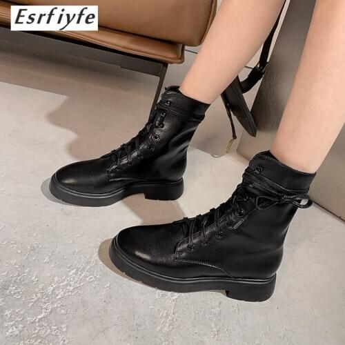 ESRFIYFE Martin Boots Female 2020 Autumn New Microfiber Women Boots Lace Up Black Winter Women Non-slip Comfortable Ankle Boots