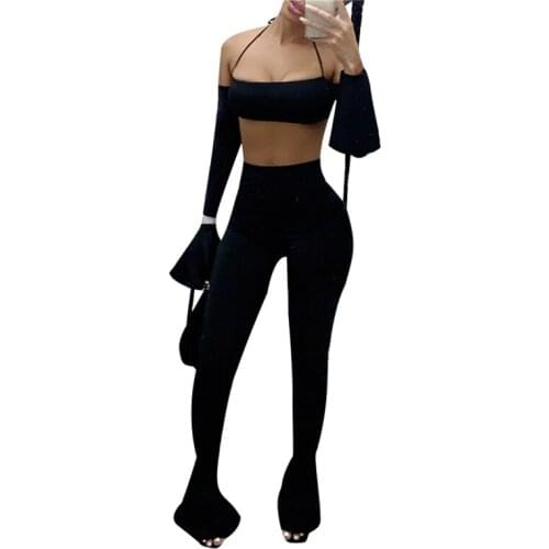 Women Casual Two-piece Clothes Set Solid Color Boat Neck Crop Top + Flared Long Pants Black/ Green