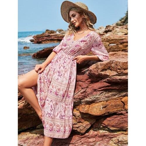 Wholesale Summer Women Boho Style Elegant Floral Dress New Ladies V Neck High Waist Half Sleeve Flowers Print Beach Long Dress
