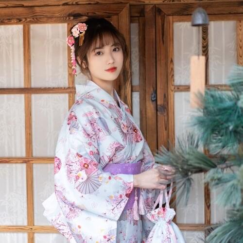 Womens Yukata Traditional Japan Kimono Robe Photography Dress Cosplay Costume purple Color flower Prints Vintage Clothing
