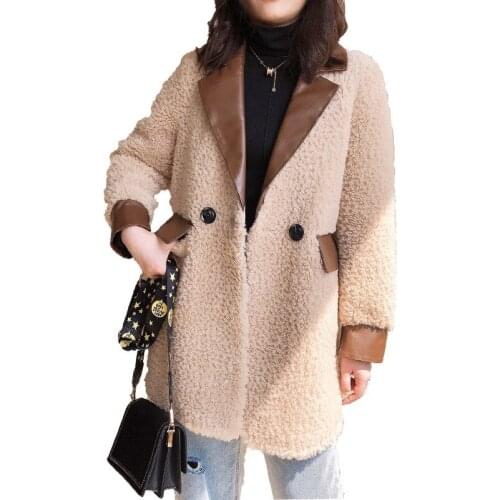 Women Winter Wool Cashmere Coat Lamb Fur V-Neck Double Breasted Streetwear Medium-Long Jacket Real Fur Office Lady Warm Overcoat