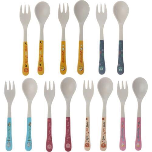 2pcs/Set Bamboo Fiber Environmental Protection Creative Cute Spoon Fork Children Gift Tableware Baby Spoon Fork