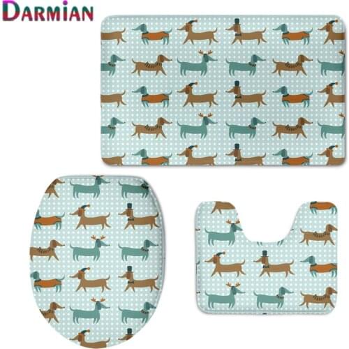 3D Dachshund Terrier Flowers Print Toilet Seat Covers Warmer Soft Bathroom Carpet Mat Non-slip Rugs Toilet Seat Case 3pcs/Set