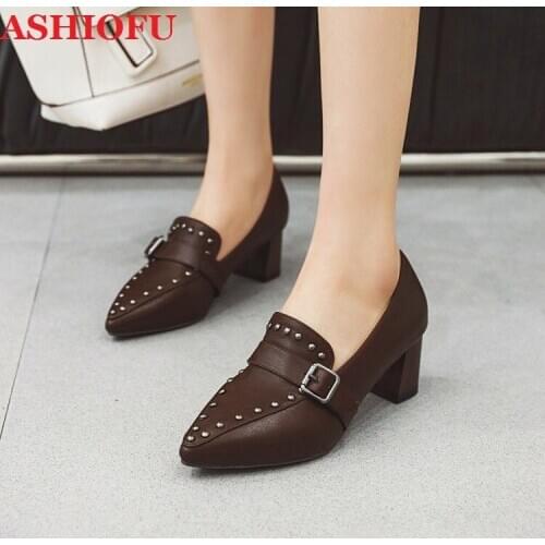 ASHIOFU Wholesale Cheap Ladies 5cm Mid-heels Pumps Real Photos Career&Office Slip-on Shoes Evening Dress Fashion Pumps Shoes