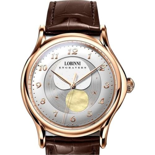 Luxury watch for men,mens moon phase watches LOBINNI man automatic mechanical wristwatch waterproof dress moonphase montre gold