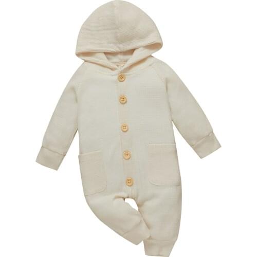 Infant Baby Girls Boys Rompers Waffle Jumpsuit Toddler Button-down Hooded Long Sleeve Romper with Pockets Childrens Clothing