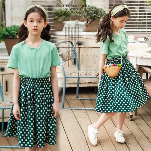 Summer 2021 Girls Dress Sets Fashion Green Kids Clothes Cotton Printing Princess 2pcs Teens Casual Outfits 4 6 8 10 12 Years Old