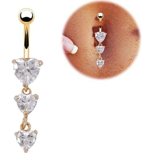 Hot Sales!! Body Piercing Gold Navel Rings 3 Heart Crystal Clear Dangle Belly Button Rings