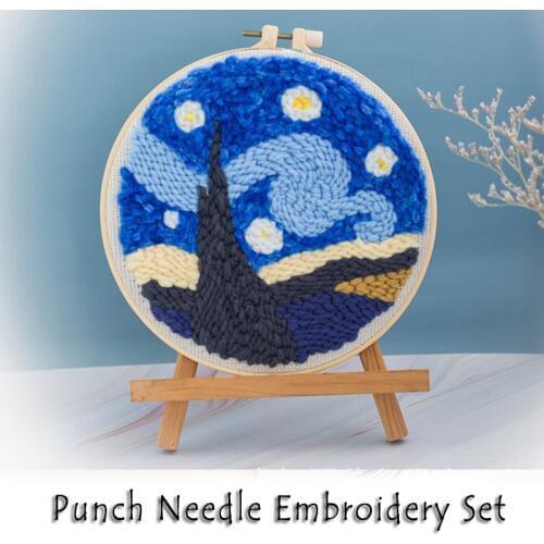 Van Gogh Starry Night Sky Punch Needle Embroidery Kit with Hoop Needlework Handwork Cross Stitch Set for Beginner Handmade Decor