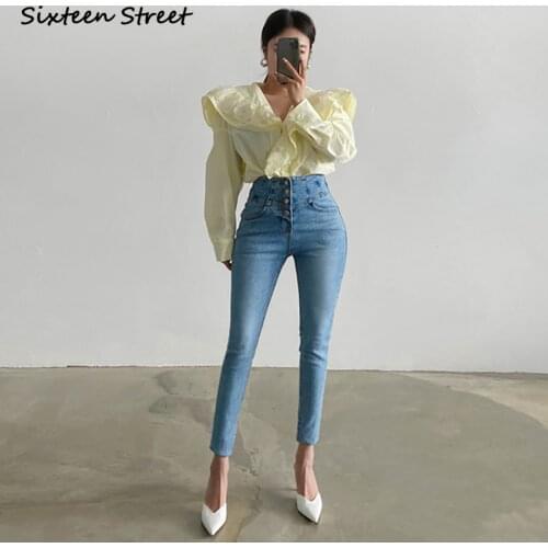 New Womens High Waist Jeans Single Breasted Slim Ankle-Length Pants Jeans Korean Clothes Fashion Aesthetic Y2K Button Skinny