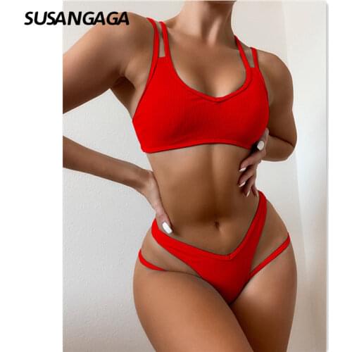 Sexy Bikinis 2021 Womens Swimsuits Push Up Swimwear Women High Cut Biquini Cut Out Beachwear Double Strap Ribbed Bathing Suits