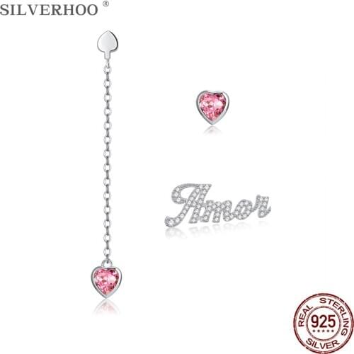 SILVERHOO 925 Sterling Silver Asymmetry Letter Earrings For Women Pink Austria Crystal Heart Stud Earring Jewelry Romantic Gift