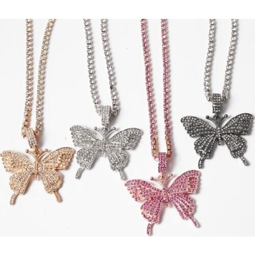 Sparking Fully Iced Out Crystal Pave Butterfly Pendant Cubic Zircon 3D Butterfly Pendant Necklace Fashion Jewelry