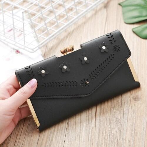 Women Wallets Long Hollow Flowers Hasp Zipper Coin Purses Female Solid Color Card Holder Ladies Multifunction Clutch Money Clip